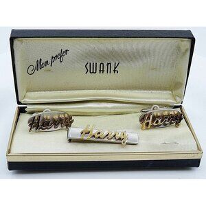 HARRY Name Vintage Cufflinks Tie Clip Bar Set Swank NOS Original Box 1950s